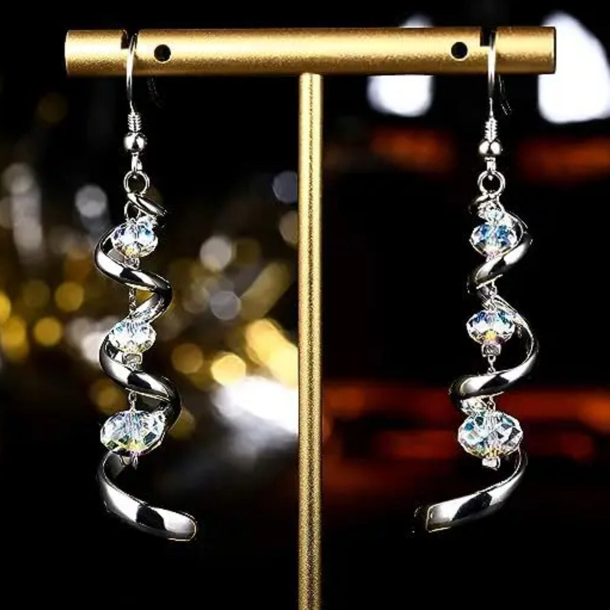 925 Sterling Silver Spiral Ribbon Teardrop Dangle Earrings Austrian Crystal B5