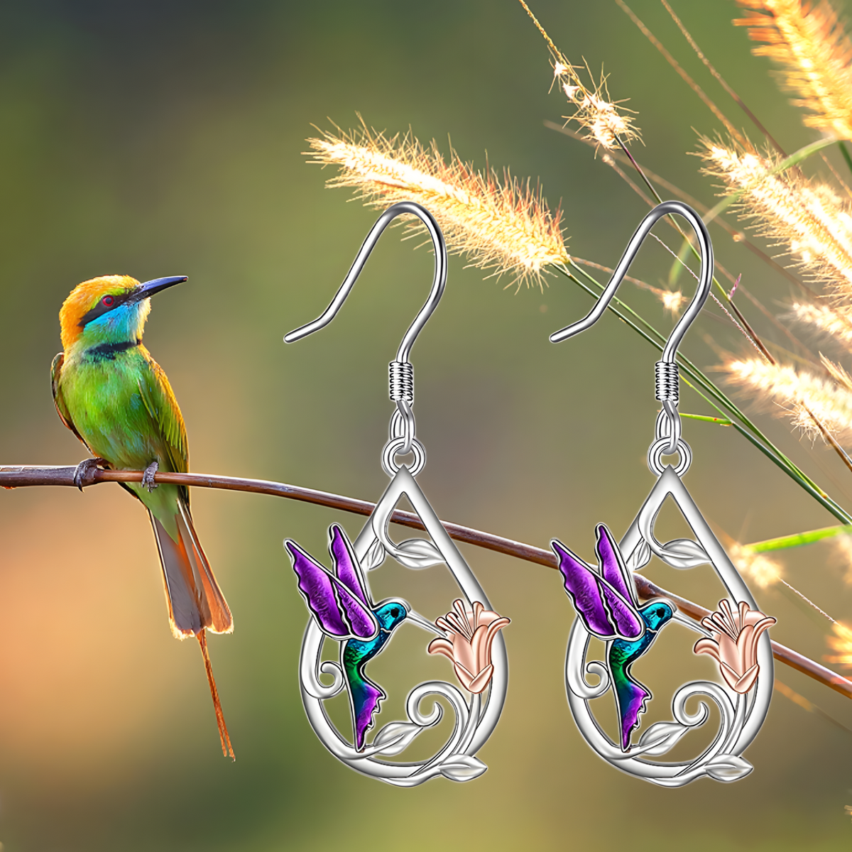 Silver Tone Hummingbird Flower Drop Earrings Vibrant Enamel Dangle Jewellery B10