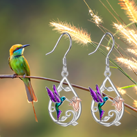 Silver Tone Hummingbird Flower Drop Earrings Vibrant Enamel Dangle Jewellery B10