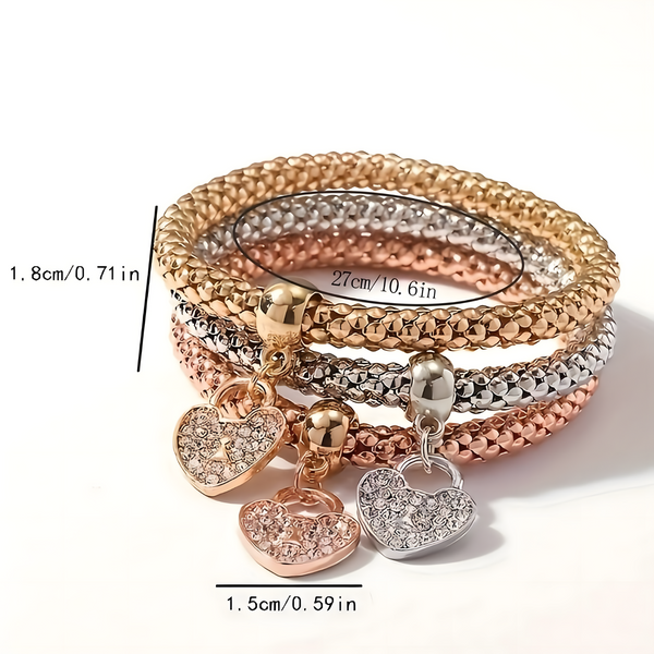 3-Piece Heart Charm Bracelet Set for Women – Rose Gold, Silver & Gold Plated 697