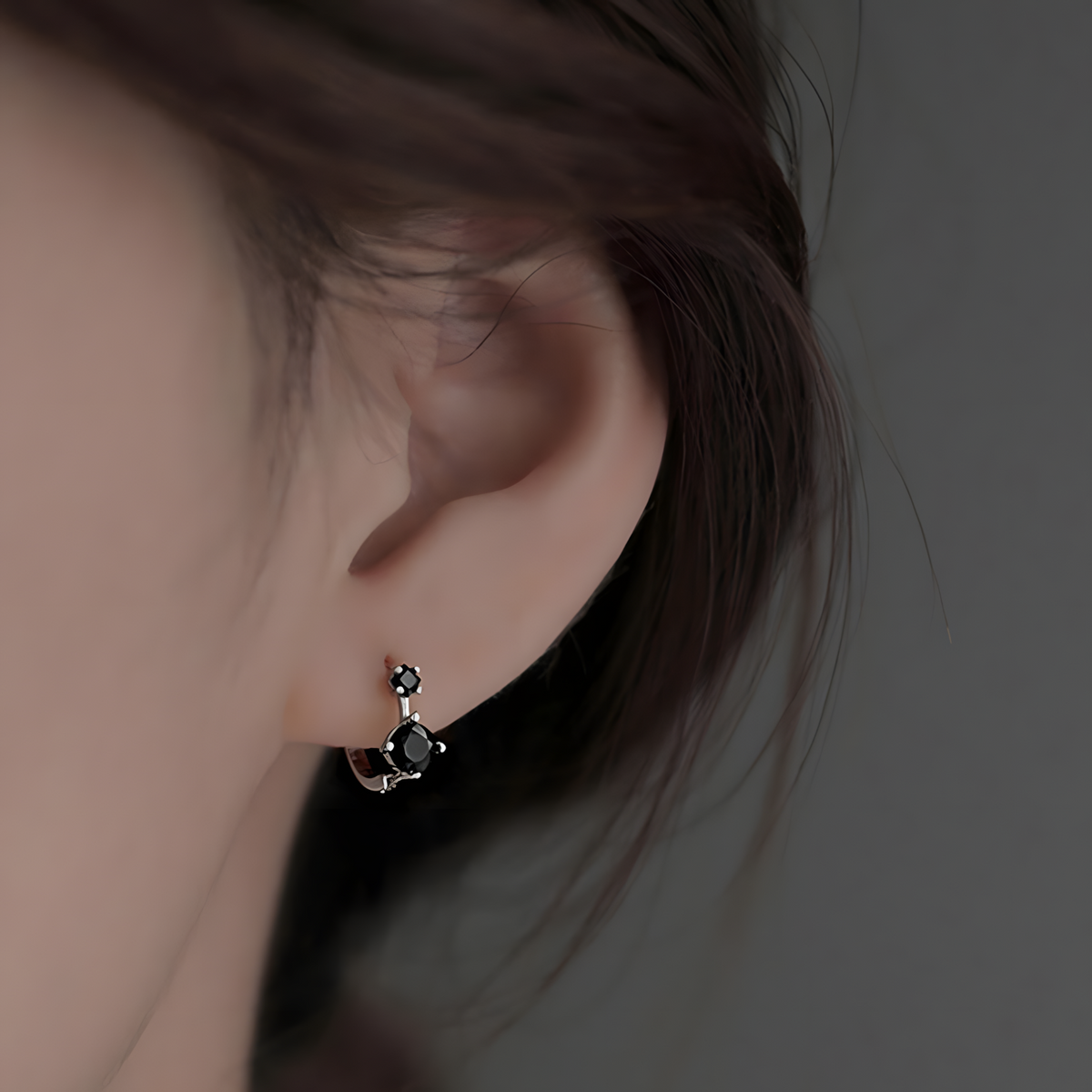 925 Silver-Plated Black Zircon Hoop Earrings for Women Geometric Dual Stone 921