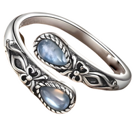Retro Simple Flower Pattern Opening Rings Pear/Round Imitation Moonstone 506