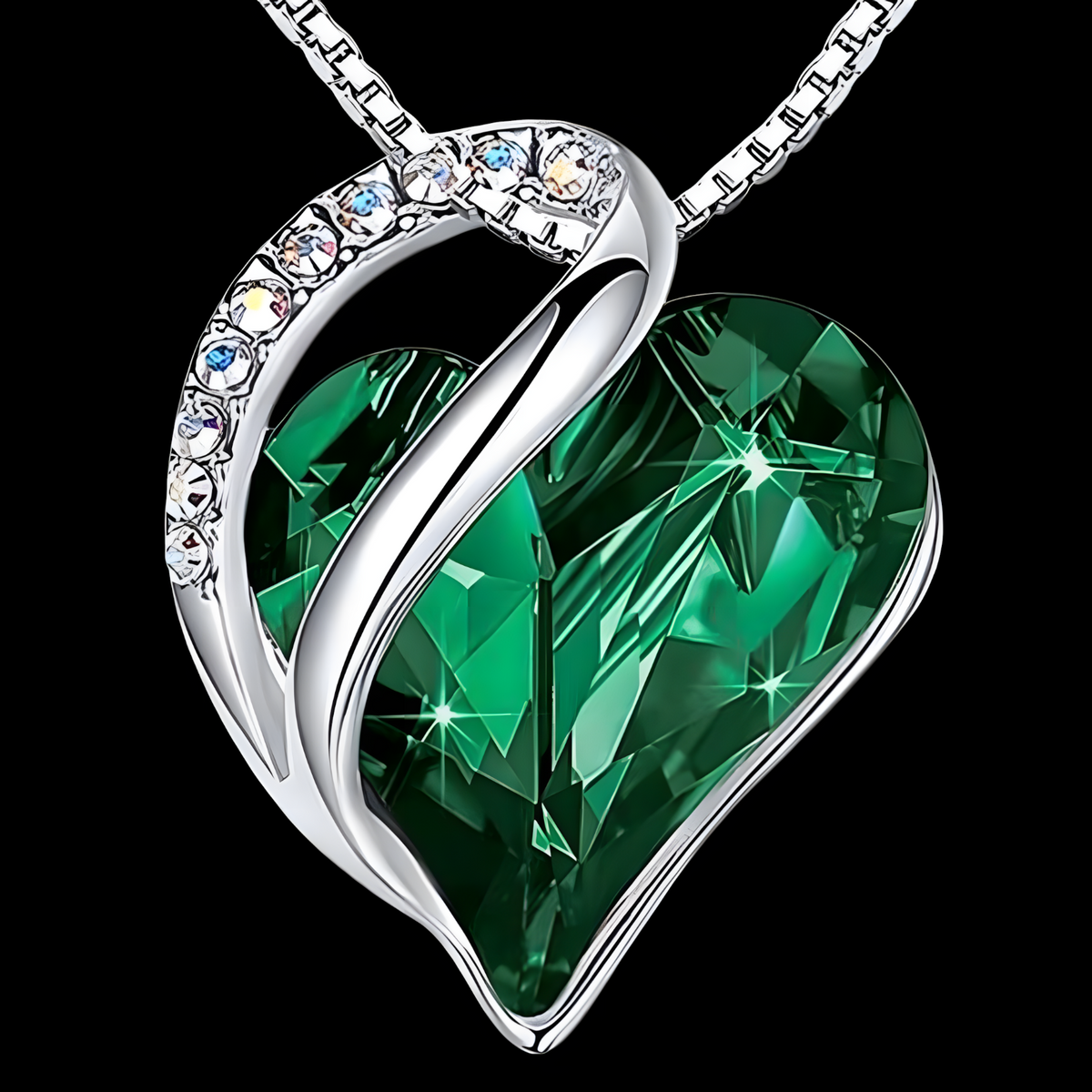 Heart Pendant Necklace For Women Silver Tone Alloy Necklace Green Crystal B316