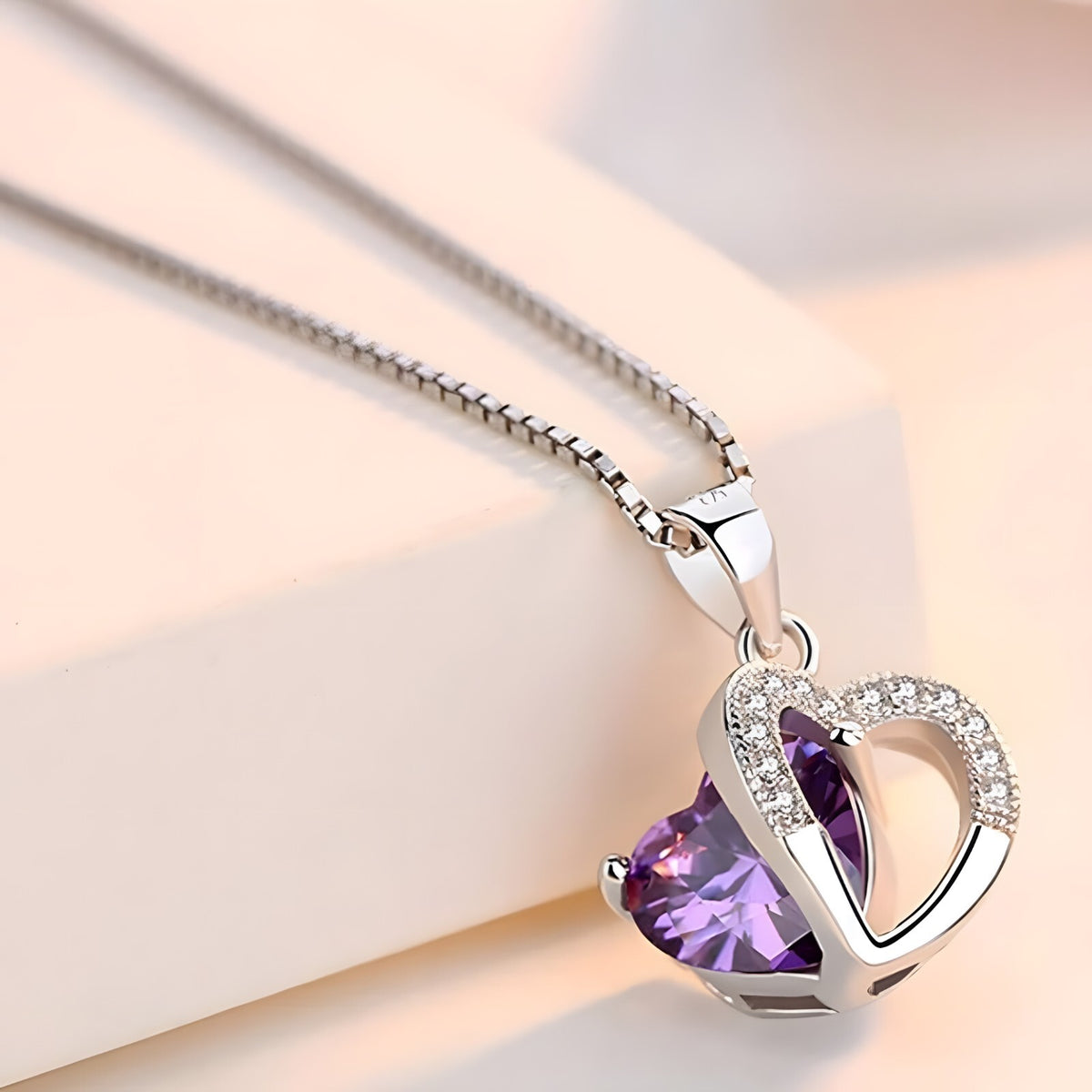 925 Sterling Silver Heart Necklace with Purple AAA Cubic Zirconia, Dainty  269