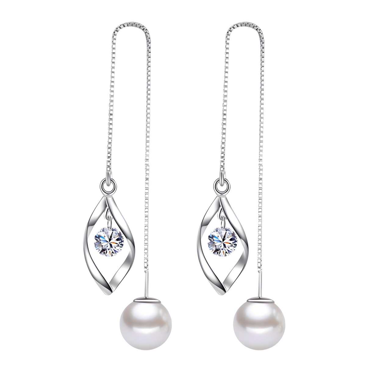 Elegant Pearl Threader Earrings Women Long Drop Chain Earrings Cubic Zircon 1022