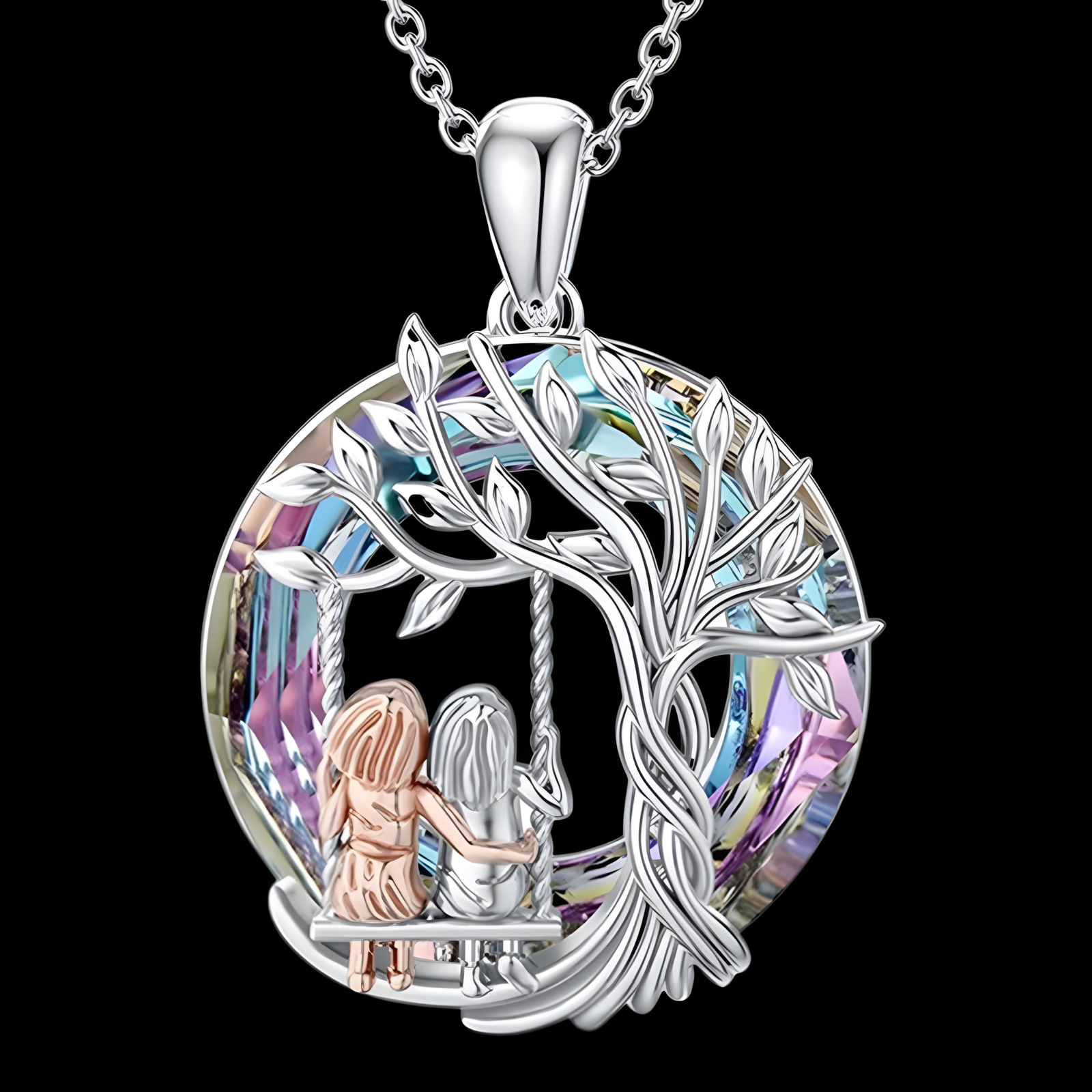 Unified Jewellery Tree of Life Sisters Swing Necklace Crystal Silver Tone B61