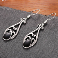 925 Sterling Silver Vintage Teardrop Filigree Dangle Earring with Black Onyx 153