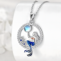 Vintage Mermaid Pendant Necklace Round Locket Crystal Moonstone Ocean Style B165