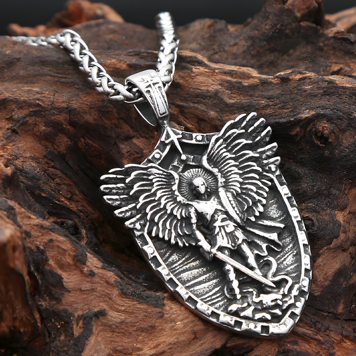 St Michael Angel Wings Shield Pendant Necklace for Men Viking Archangel 1388