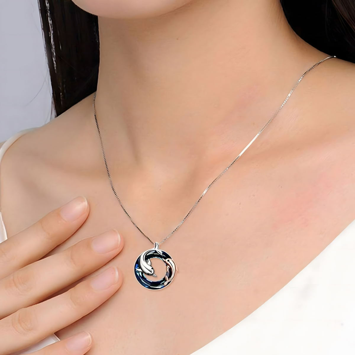 Dolphin Necklace Blue Crystal Pendant Two Tone Ocean Sea Jewellery Gift B60