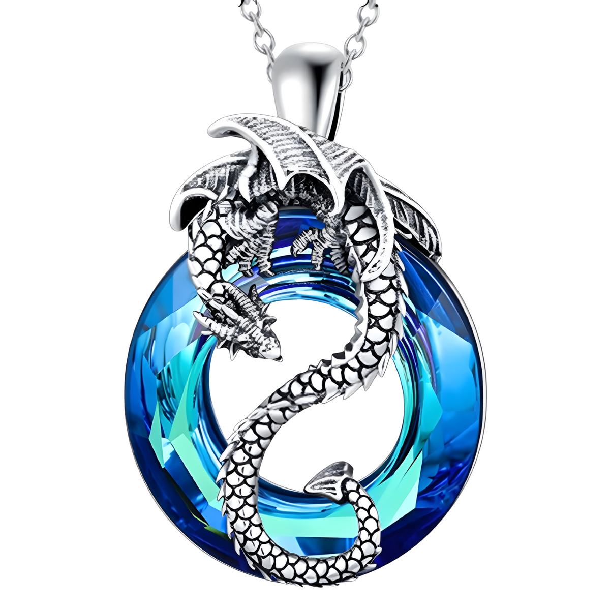 Cool Dragon Pendant Necklace Women, Men, Blue Crystal Hollowed Out Jewelry B149