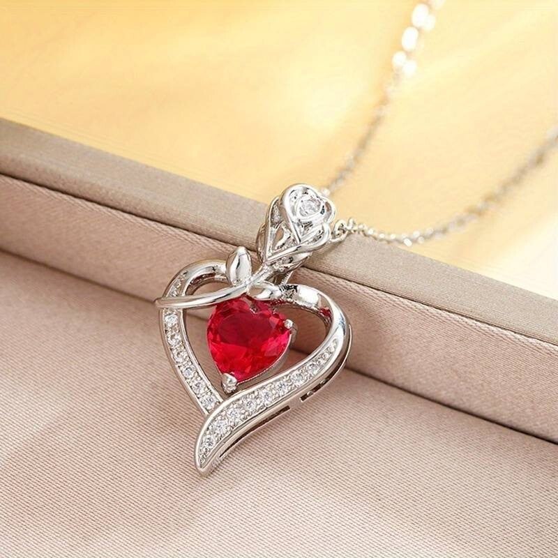 925 Silver Plated Elegant Rose Zircon Heart Hollow Ruby Pendant Necklace 22 UK