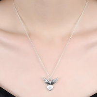 925 Sterling Silver Love Heart Angel Wing Zircon Pendant Necklace B43