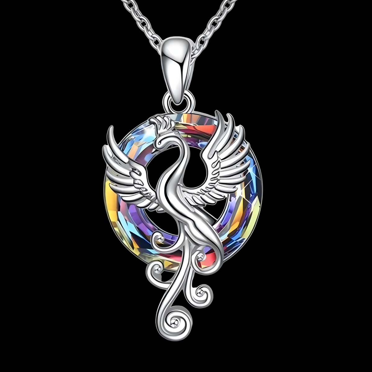 Dazzling Phoenix Bird Crystal Necklace - Silver Tone & Colorful Iridescent B81