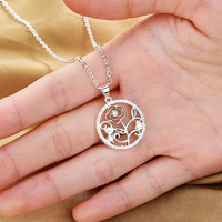 Elegant Rose Flower Diamond Pendant Necklace - Silver Tone Rose Gold Accent B84