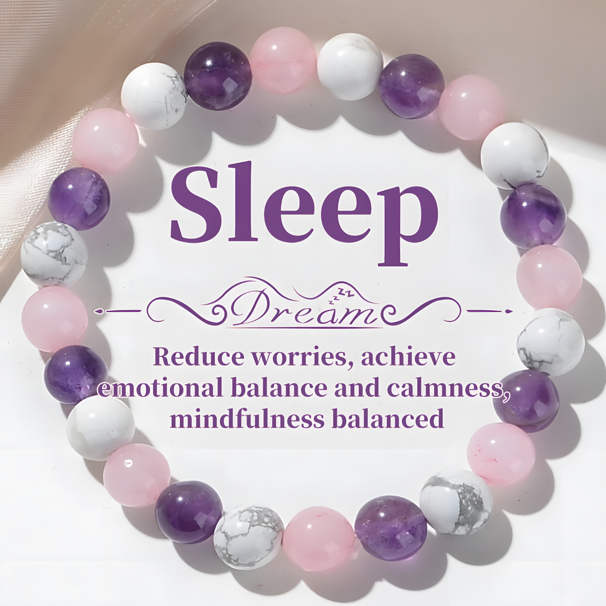 8mm Sleep Bracelet – Amethyst, Rose Quartz & Howlite Beads, 8mm Round Beads 1487