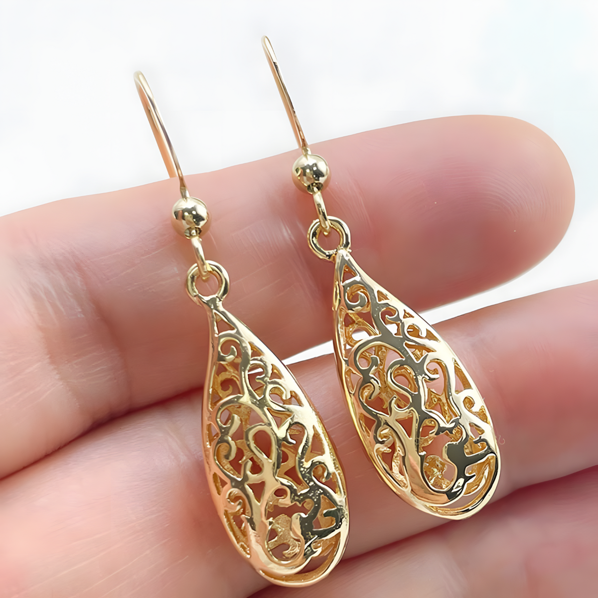 Gold Plated Brass Filigree Teardrop Dangle Earing Elegant Lightweight Design B19