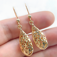 Gold Plated Brass Filigree Teardrop Dangle Earing Elegant Lightweight Design B19