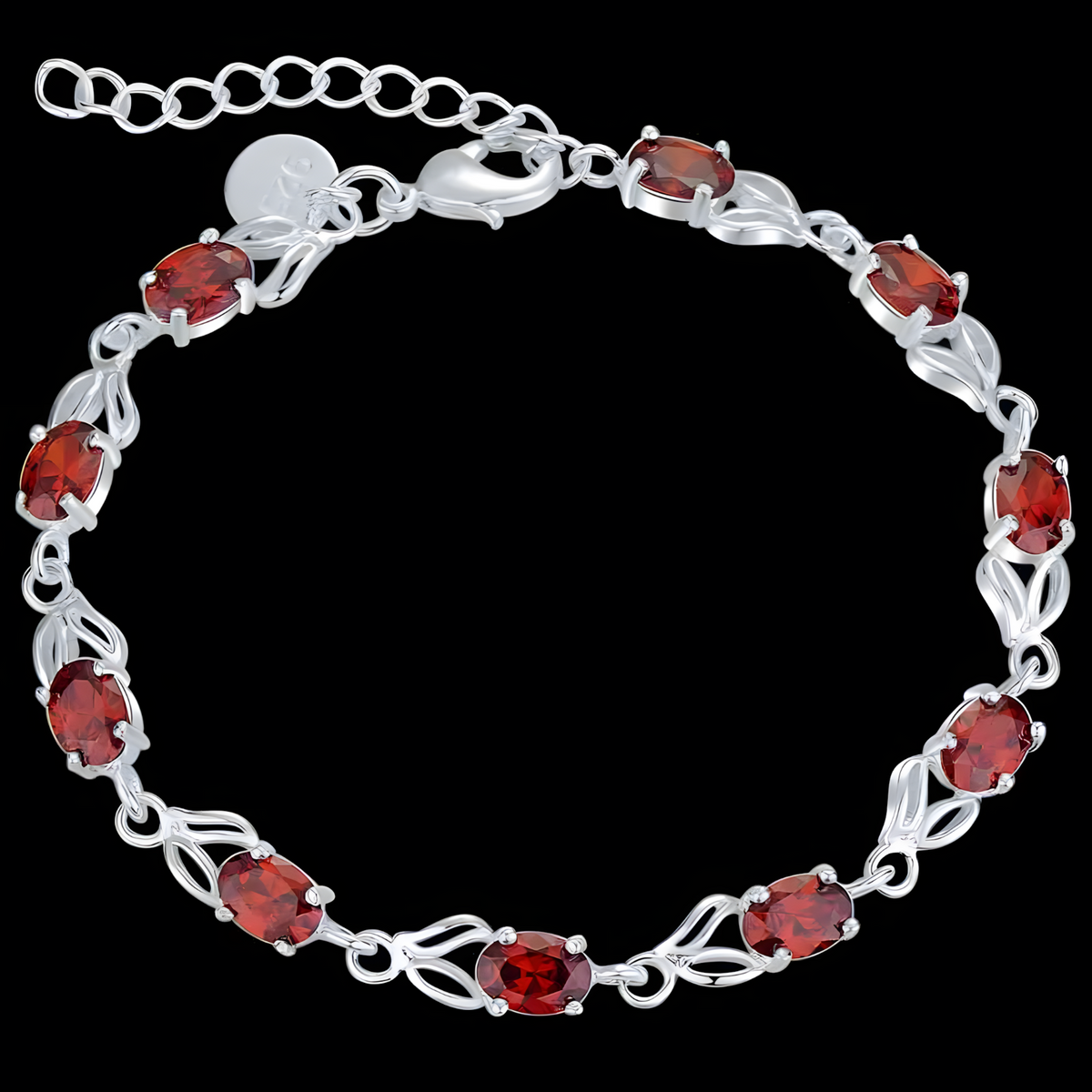 Red Zircon Bracelet, Silver Tone Geometric Charm Bracelet, Adjustable Chain 1742