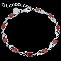 Red Zircon Bracelet, Silver Tone Geometric Charm Bracelet, Adjustable Chain 1742