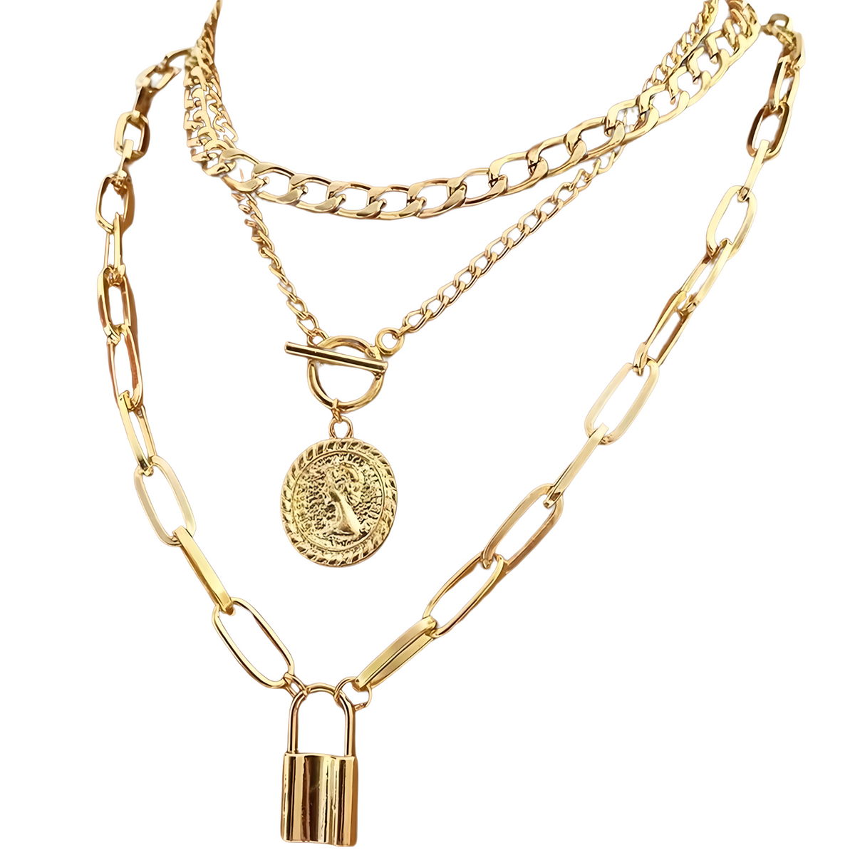 3-Layer Gold Chain Necklace Set Women – Retro Coin & Padlock Pendant Layered 702
