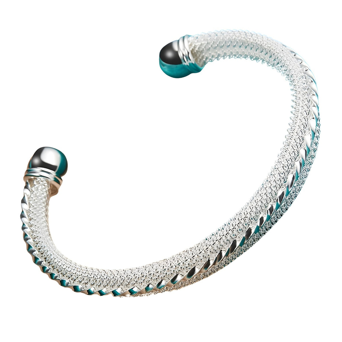 Sterling Silver Mesh Cuff Bracelet, Woven, Turquoise Accents, Adjustable 401