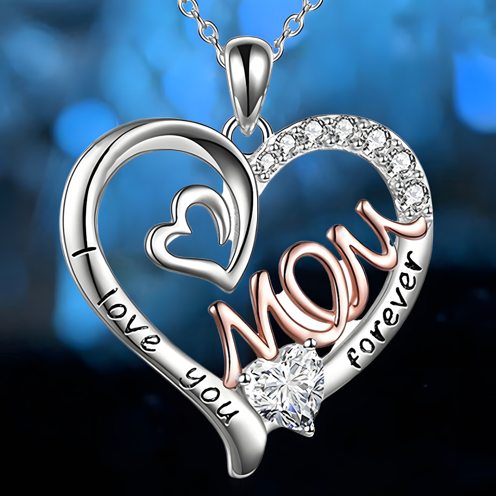 “I Love You Mom Forever” Heart Pendant Necklace for Women – Silver-Tone B88