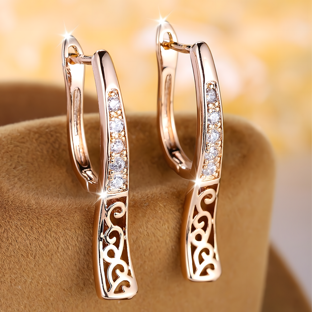 Charming Female Rose Gold Hoop Dangle Earring White Zircon Pavé Stone Carved 639
