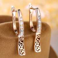 Charming Female Rose Gold Hoop Dangle Earring White Zircon Pavé Stone Carved 639