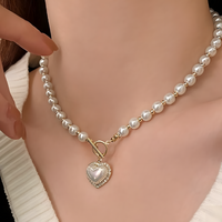 Pearl Heart Pendant Necklace Gold Tone Toggle Clasp Beaded Chain Statement -1397