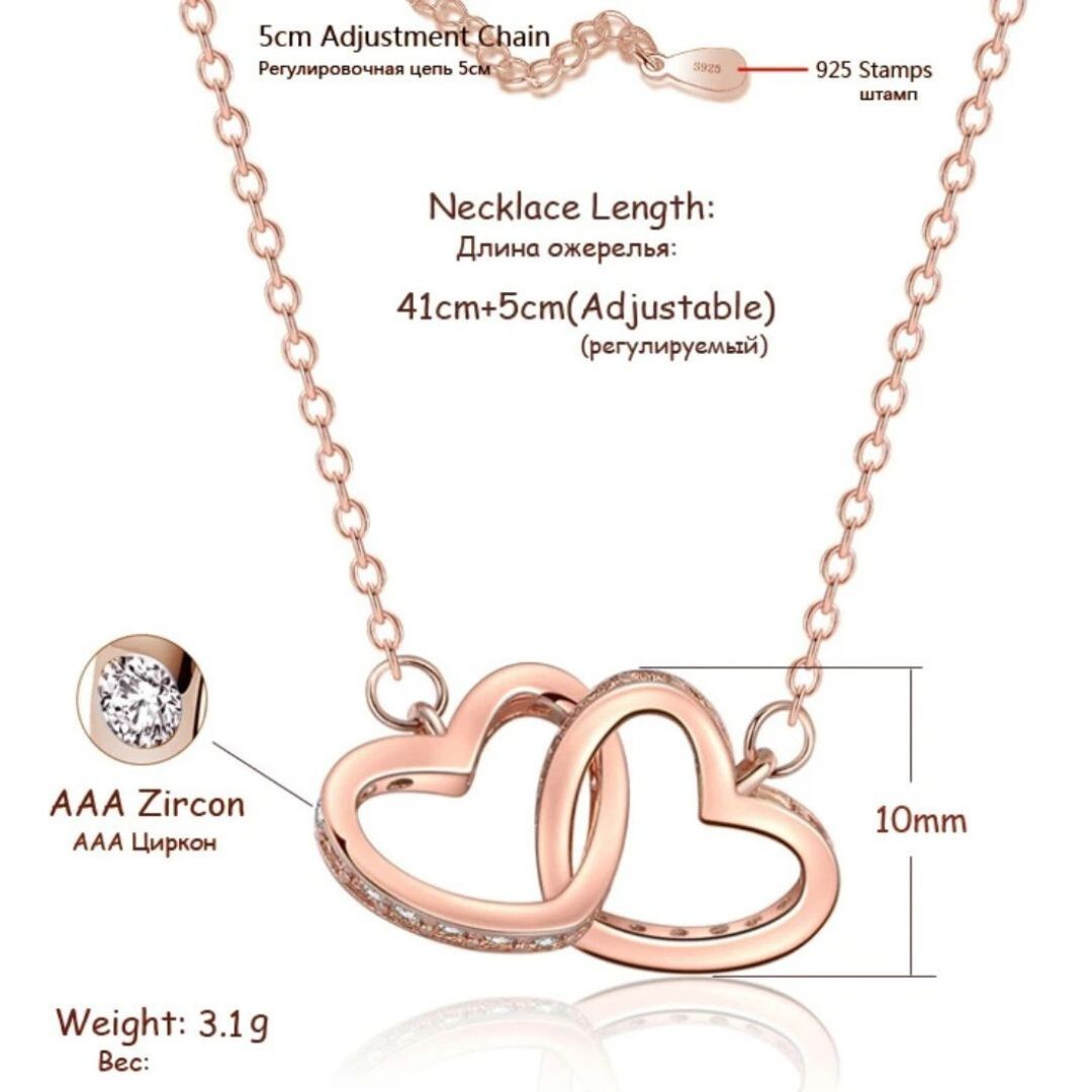 925 Sterling Silver Double Heart Necklace – Elegant Rose Gold Pendant AAA 253
