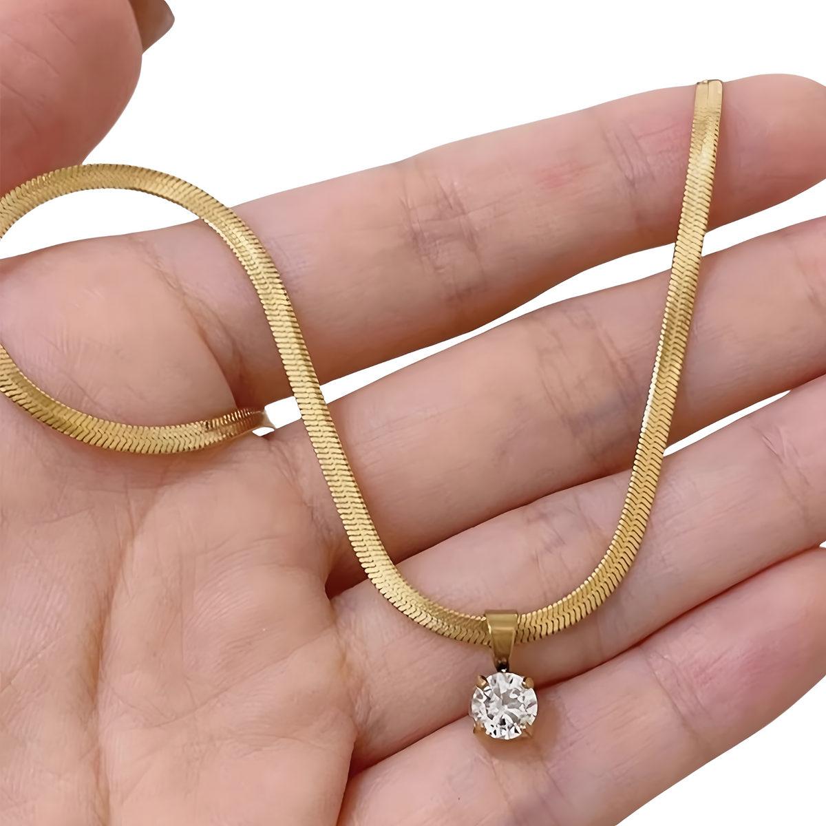 Gold Stainless Steel Round Zircon Pendant Necklace Elegant Blade ChainChoker 734