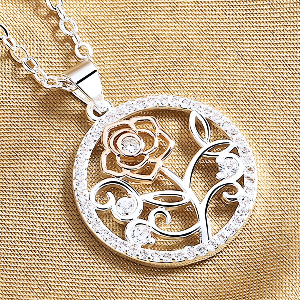 Elegant Rose Flower Diamond Pendant Necklace - Silver Tone Rose Gold Accent B84