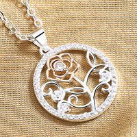 Elegant Rose Flower Diamond Pendant Necklace - Silver Tone Rose Gold Accent B84