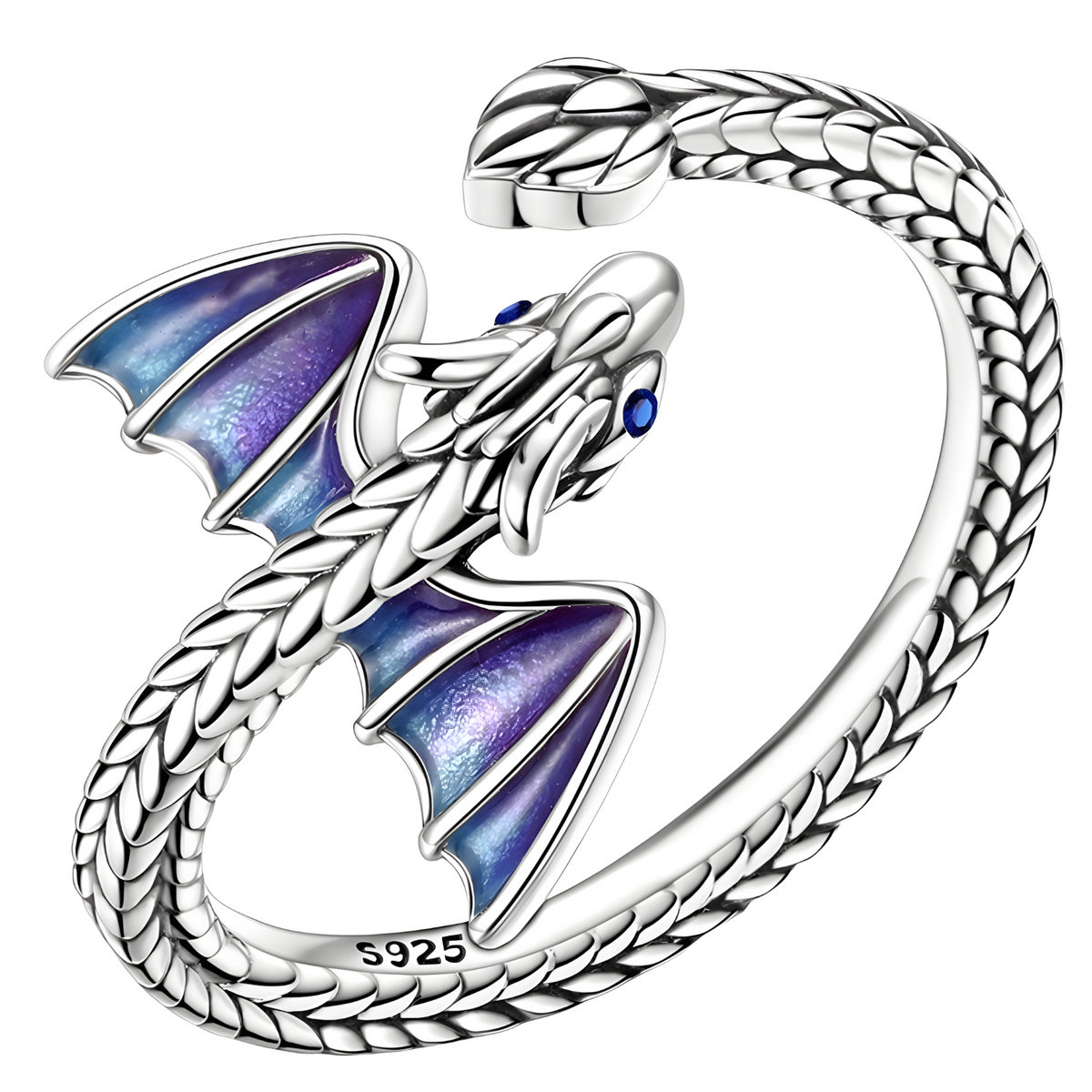 Adjustable Dragon Open Ring Silver Tone Rhodium-Plated Blue Enamel Wings 1441