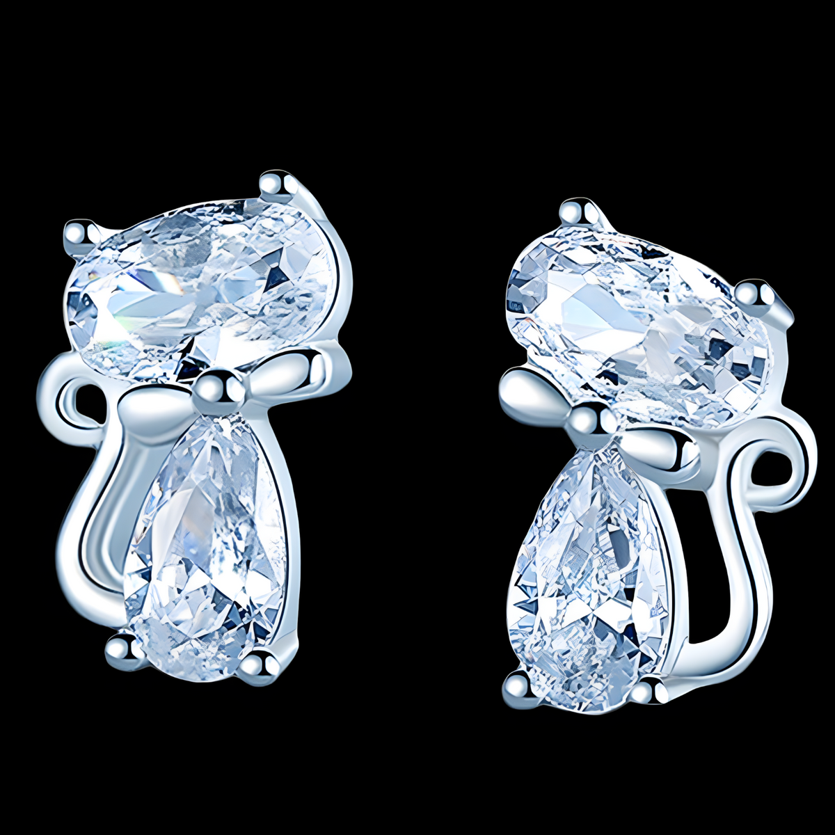 Cat Stud Earrings For Women - Faceted Oval & Teardrop Cubic Zirconia 1436