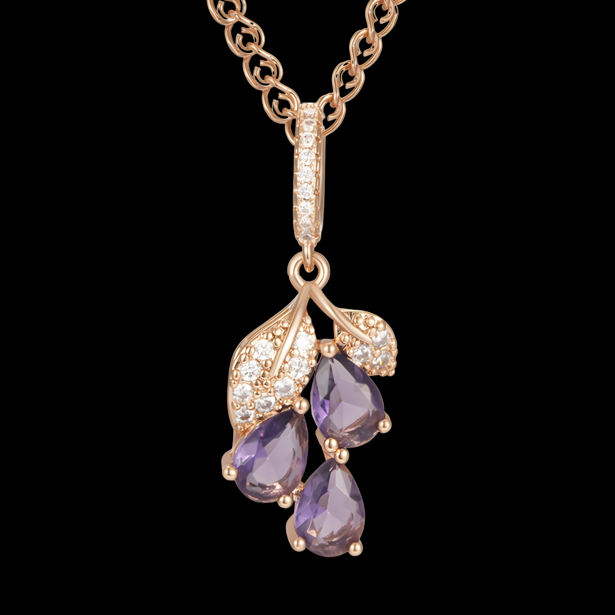 Purple Natural Zircon Pendant Necklace Copper, 585 Rose Gold Plated  1277