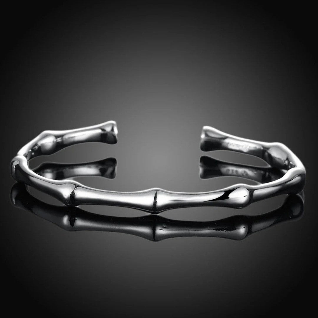925 Silver Open Cuff Bangle Bracelet Adjustable Bamboo Style for Women 424