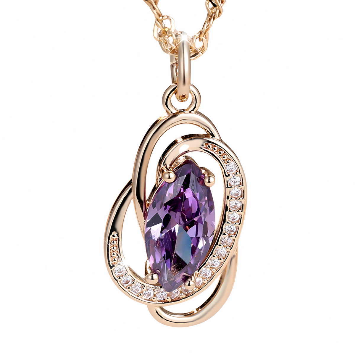 585 Rose Gold Plated Oval Purple Cubic Zirconia Pendant Necklace for Women 1288