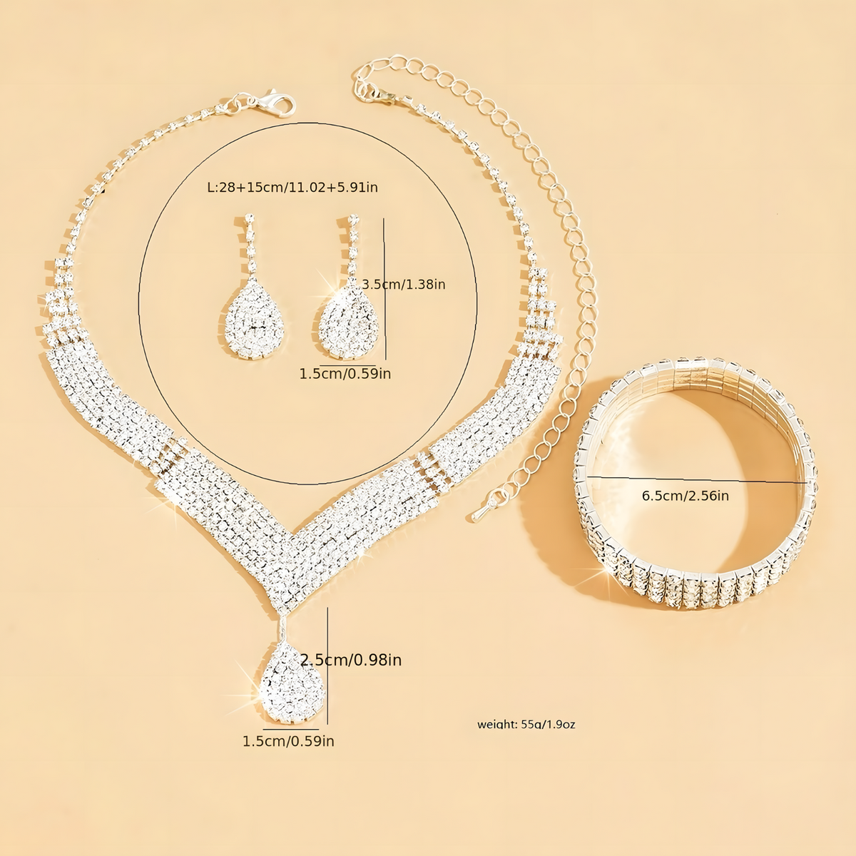 4PCS Gold Colour Rhinestone Jewellery Set for Women Necklace Bracelet & Drop 671