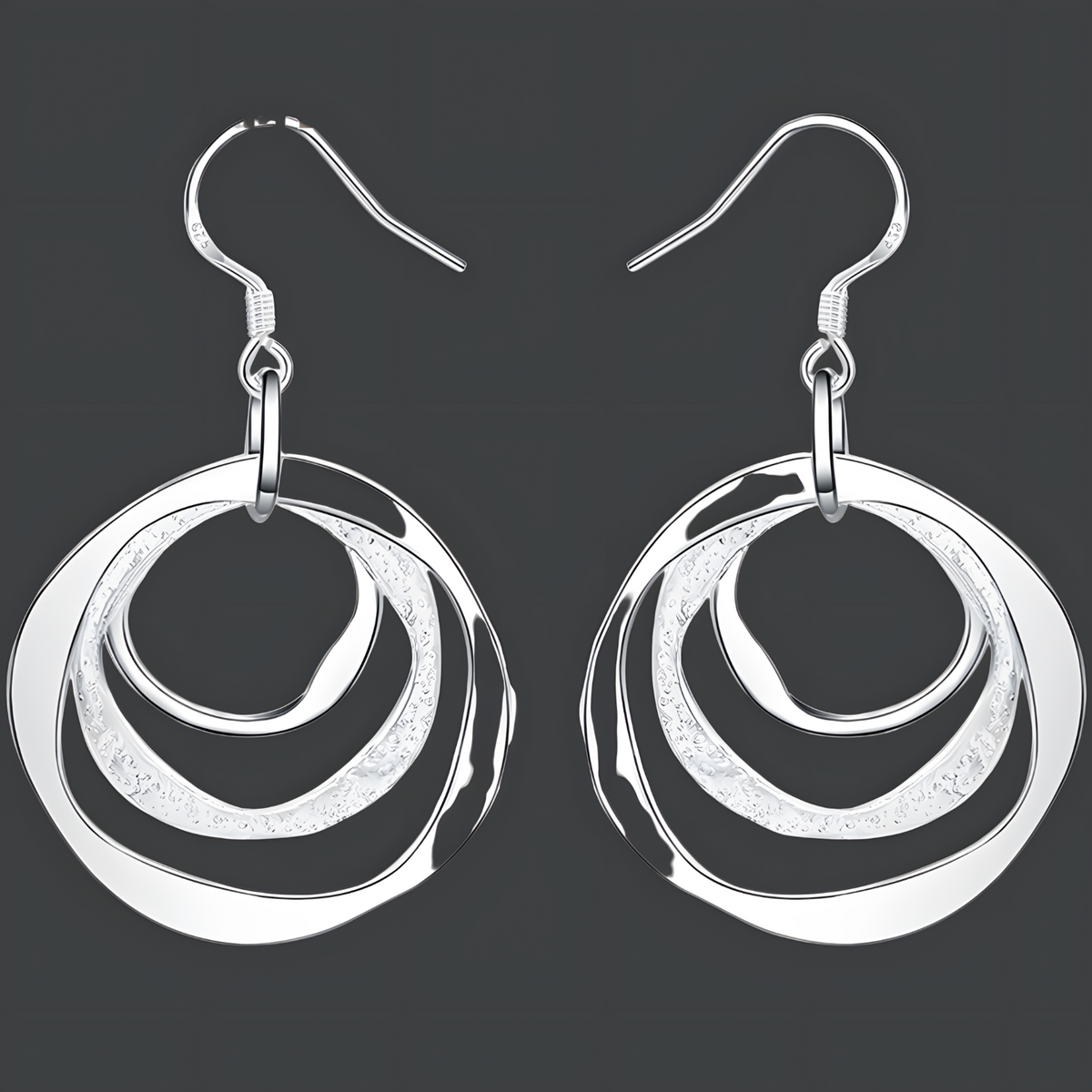 925 Sterling Silver Three Circle Drop Earrings - Elegant Modern Design B20