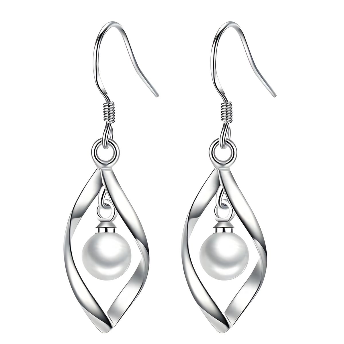 925 Sterling Silver Drop Earrings Trendy Twisted Leaf Shape with Pearl 825