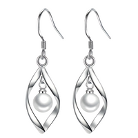 925 Sterling Silver Drop Earrings Trendy Twisted Leaf Shape with Pearl 825
