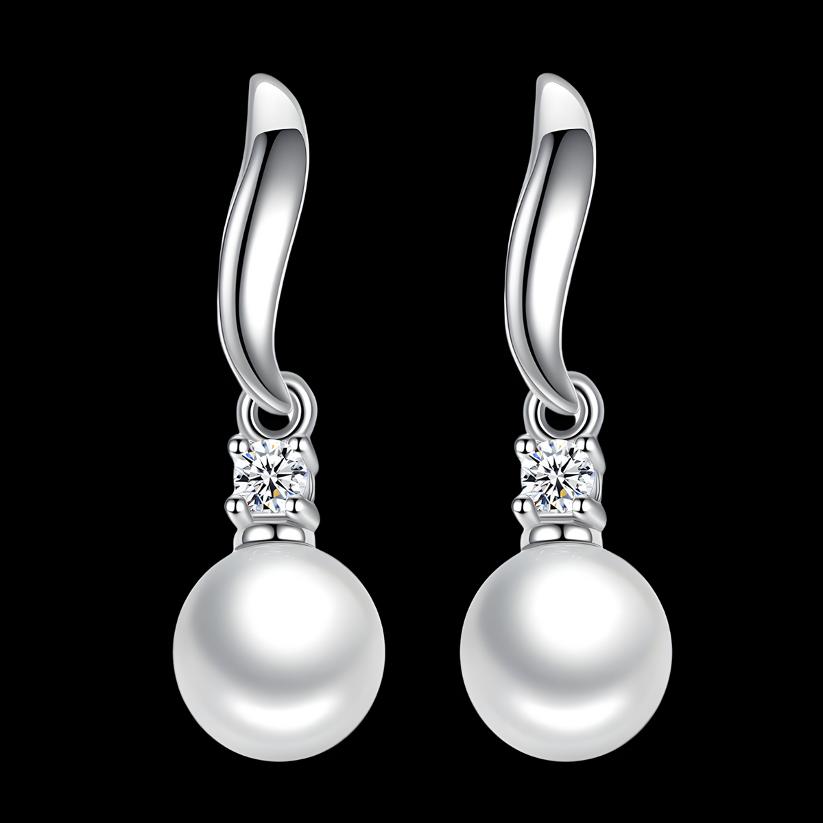 925 Silver-Plated Pearl Drop Earrings for Women – Elegant Round Pearl Zircon 906