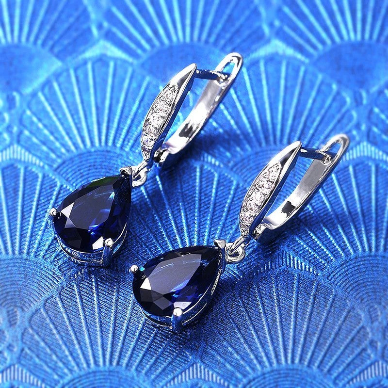 Blue Pear Cut Cubic Zirconia Drop Earrings for Women - Rhodium-Plated Alloy 1450