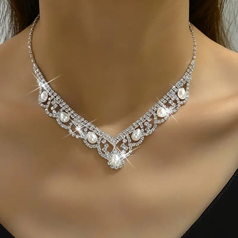 Stylish Glitter Rhinestones Imitation Pearl Wedding Statement Necklace 100 UK