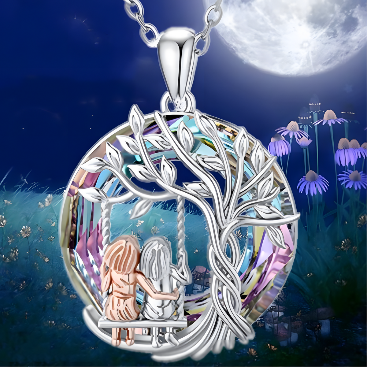 Unified Jewellery Tree of Life Sisters Swing Necklace Crystal Silver Tone B61