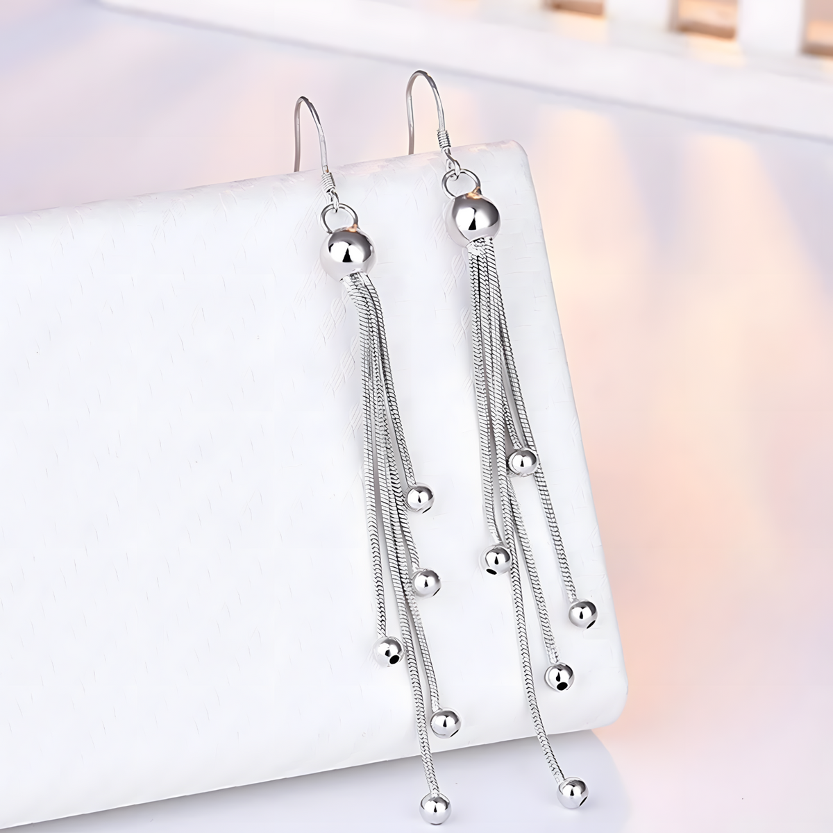 925 Sterling Silver Multi-Layered Long Chain Drop Earrings with Ball Beads 327