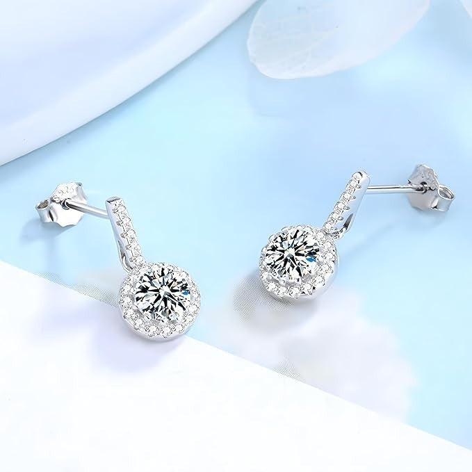 Sterling Silver Cubic Zirconia Halo Drop Earrings - 23mm Dangle Earrings 341