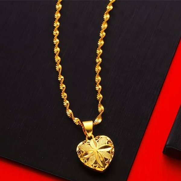 24K Gold Plated Brass Heart Pendant Necklace for Women, Vintage Style, Peach 126